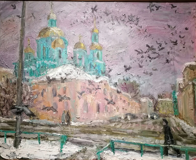 Улочка в центре Москвы с церковью и стаей птиц над ней - ностальгическая картина на выставке Образ Москвы