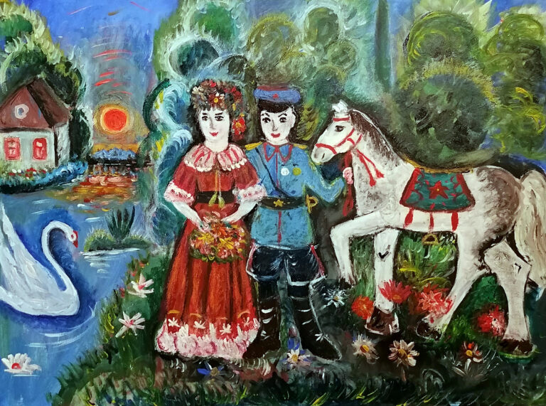 Молодой солдат, девушка и лошадь стоят в саду - картина с выставки Ненаивное наивное в Цариыно