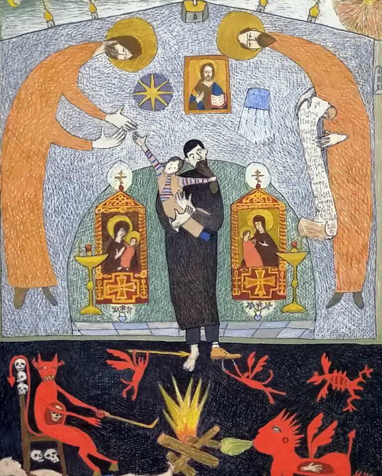 Рисунок художника-наивиста с изображением ангелов, ада и святых - экспонат с выставки Ненаивное наивное.